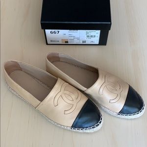 CHANEL Beige & Black Lambskin Espadrilles